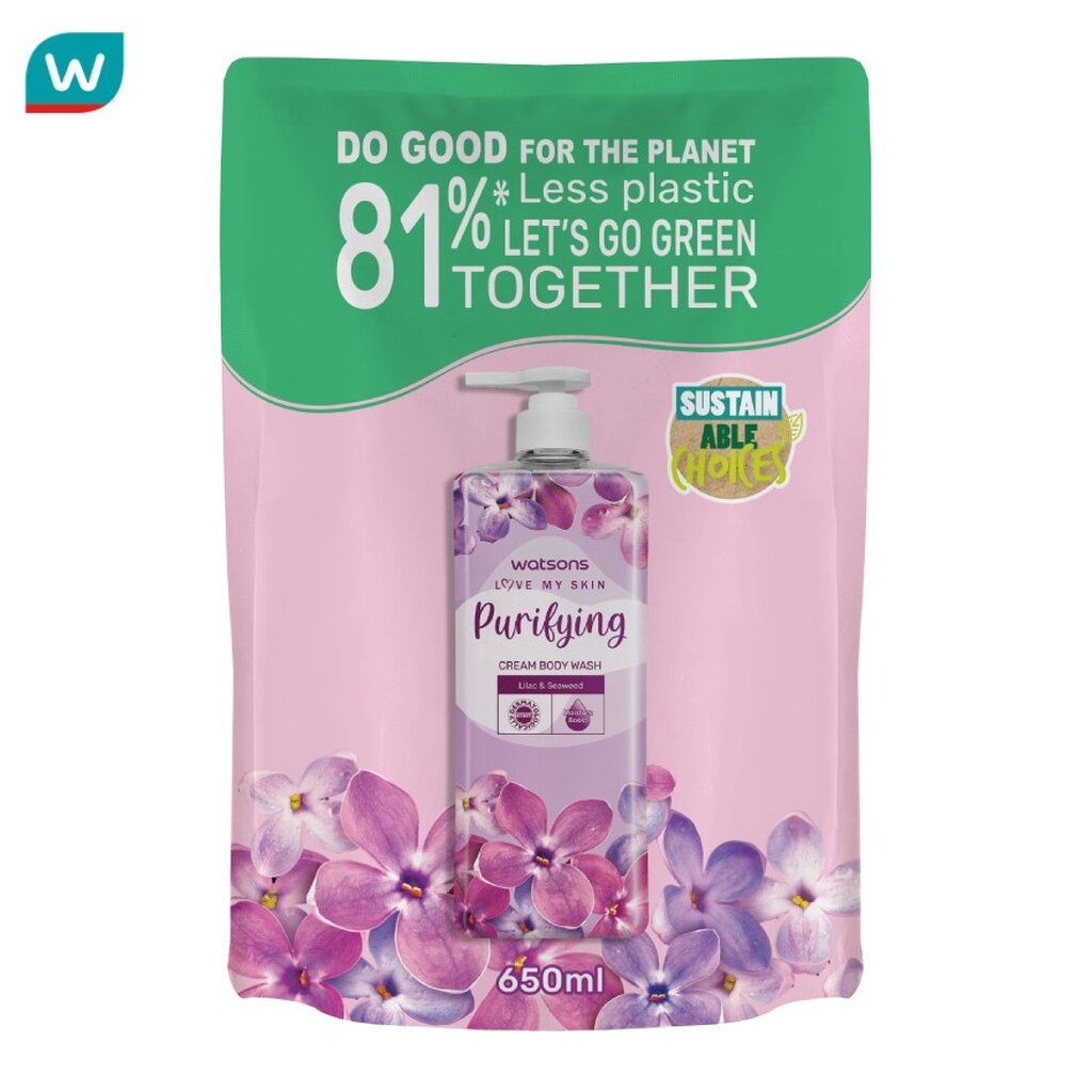 Watsons วัตสัน เลิฟ มาย สกิน เพียวริฟายอิ้ง ครีม บอดี้ วอช 650มล.(รีฟิล)