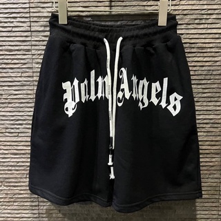 PALM ANGELS FRONT LOGO PRINT BLACK COTTON SHORTS กางเกงขาสั้นเอวยางยืด แบรนด์ปาล์มแองเจิ้ล สีดำ สกรีนตัวหนังสือ