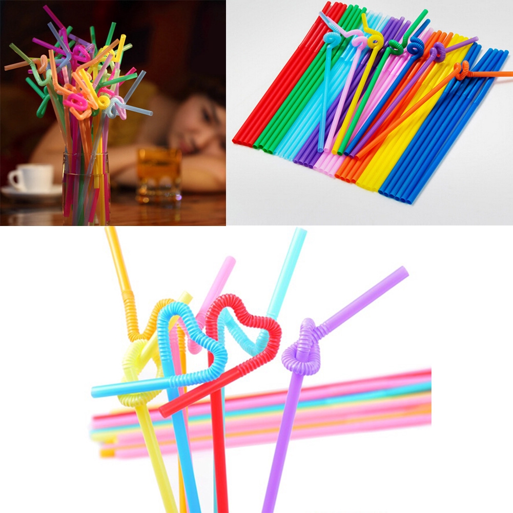 Multicolour Plastic 100pcs Extra Long Flexible Drinking Bendy Straws  Party/Bar
