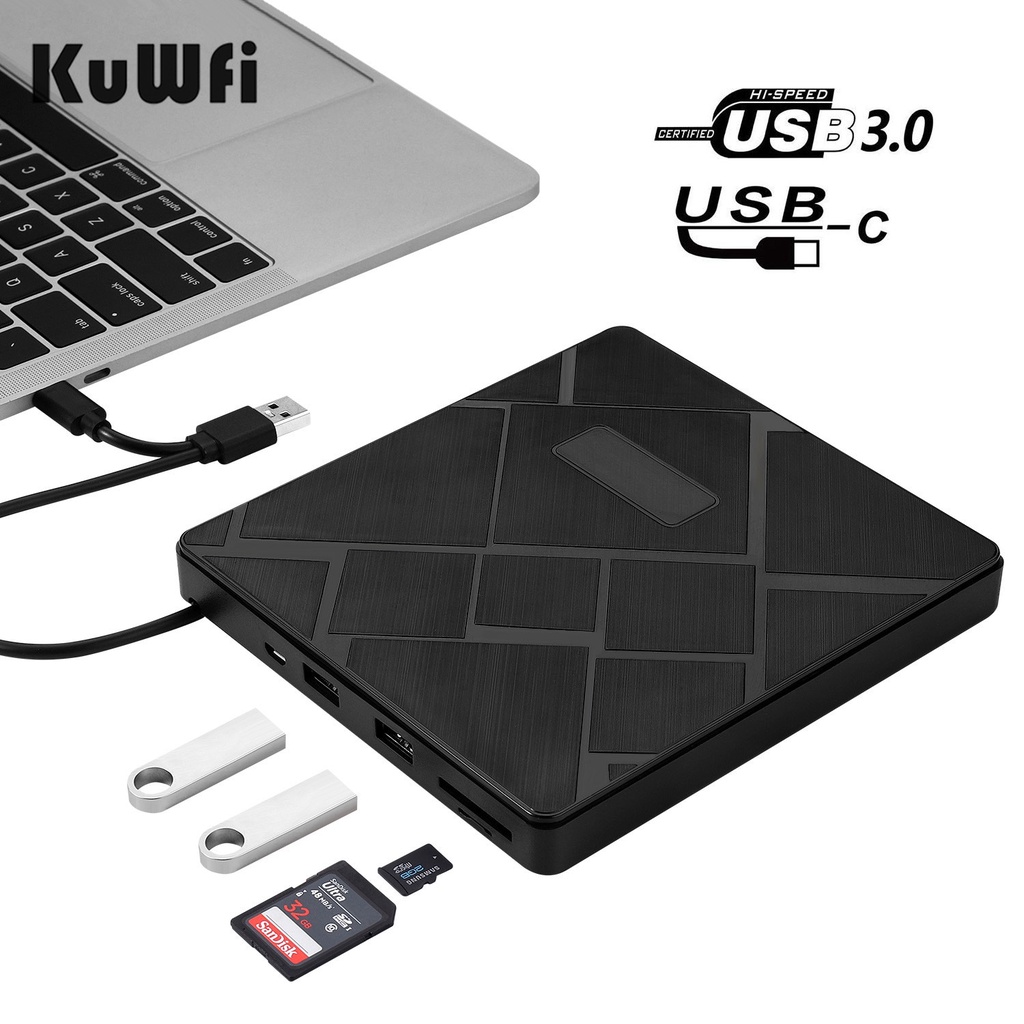 Kuwfi เครื่องเล่น CD DVD USB3.0 Type-C DVD Burner DVD RW สําหรับ Mac แล็ปท็อป Windows PC