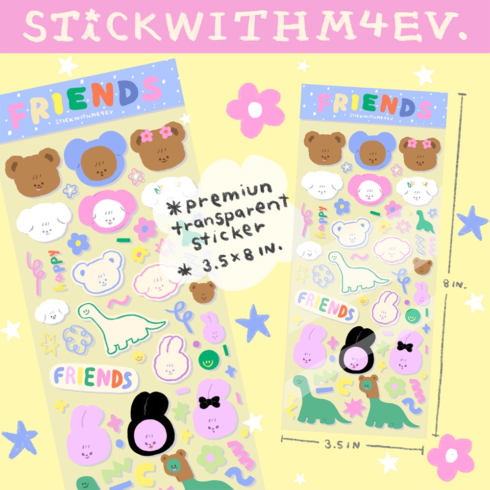 Friends Transparent sticker สติกเกอร์ขอบใส รวมแก๊งน้องหมีเท๊ดดี้ บิงบิง ไดโน และกระต่าย ไซส์ 8.6x21cm | Stickwithme4ev