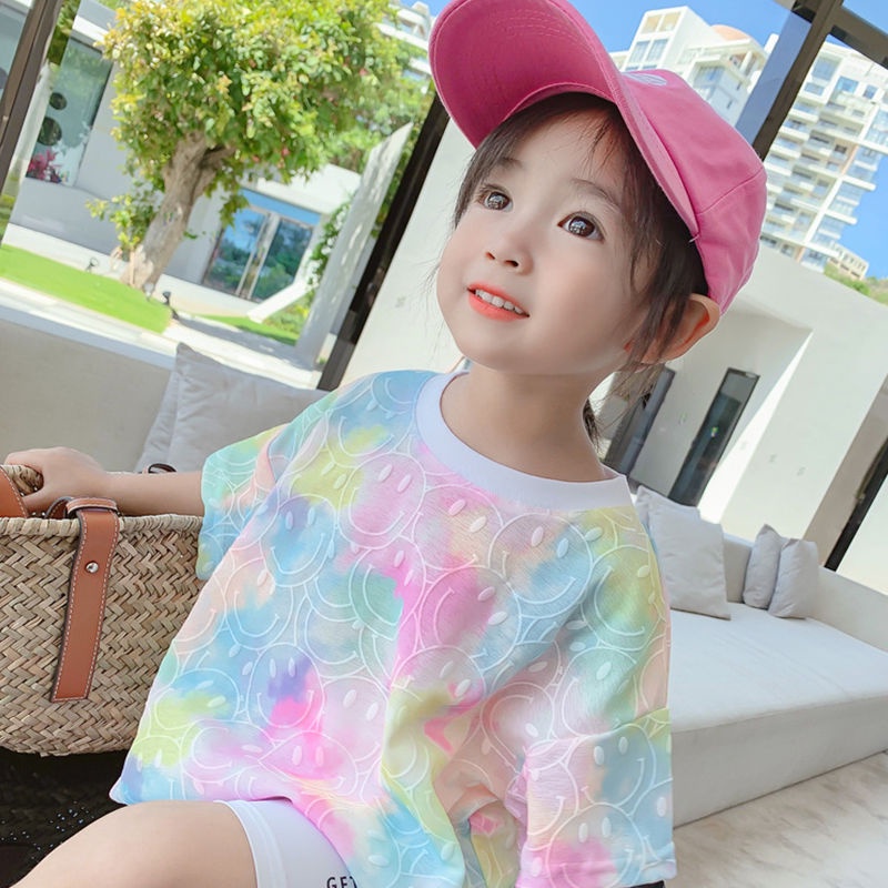 เสื้อยืดลําลอง ลายหน้ายิ้ม แฟชั่นฤดูร้อน สําหรับเด็กผู้หญิง อายุ 3-10 ปี