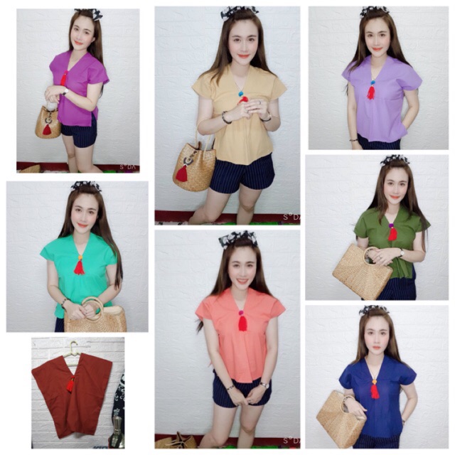 เสื้อพื้นเมืองผ้าฝ้ายผู้หญิง ทรงกะเหรี่ยงผ้าฝ้ายพิมพ์ลาย อก40,42 แต่งพู่