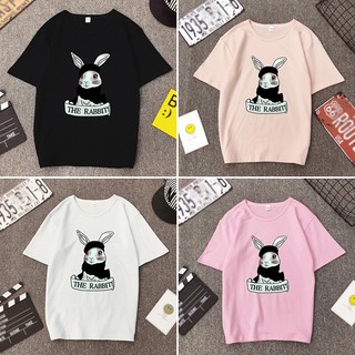 เสื้อยืดคอกลมแขนสั้นพิมพ์ลายการ์ตูนกระต่ายสำหรับผู้หญิง