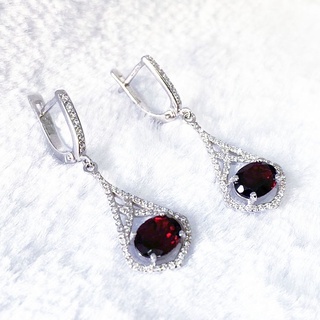 L6440 ต่างหูพลอยโกเมนแท้ ( Garnet ) แบบอิงลิชล็อค ตัวเรือนเงินแท้ 925 ชุบทองคำขาว