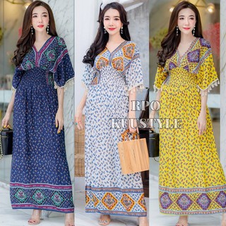 Dress Bigsize #no7 แมกซี่เดรสทรงค้างคาว ลายโบฮีเมียน คอวีหน้า-หลัง รุ่นนี้ใส่ได้ทั้งสองด้านคะ