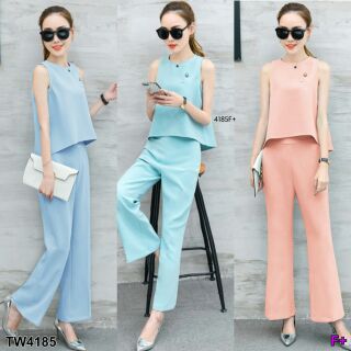 Set 2 ชิ้น เสื้อแขนกุด  สีพื้นเรียบทรงหน้าสั้น - หลังยาว + กางเกงขาม้า