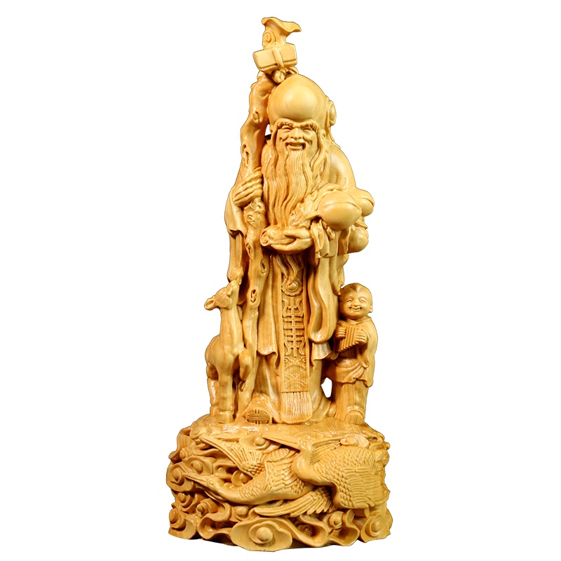 ✺✵❉Boxwood 20CM Longevity God Sculpture Elder Birthday Gift Solid Wood Myth Statue Buddha Statue Home Decor