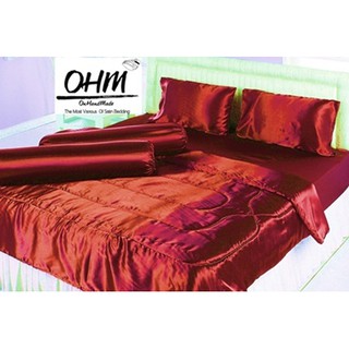 OHM ผ้าปูที่นอนและผ้านวมคลุมเตียง ผ้าเครปซาติน 220 เส้น ขนาด 6 ฟุต 6 ชิ้น (สีแดง)