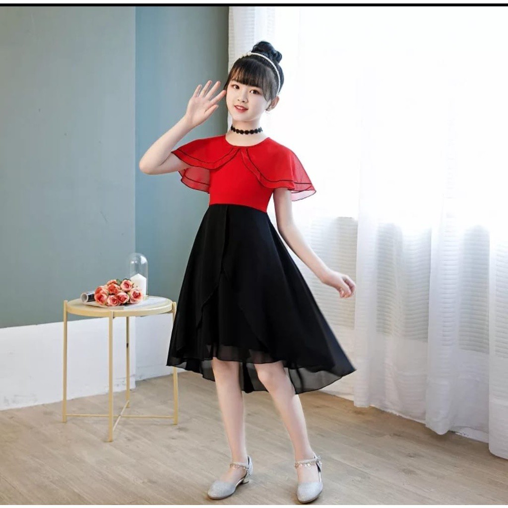 Merah HITAM Party DRESS/ชุดวัยรุ่น/ชุดเด็ก SMS 615/SABRINA ชุดเด็กสีแดงสีดําวัยรุ่น abg