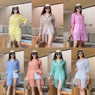 Mini beach dress shirts  เดรสเชิ้ตทรงพริ้วยาว ปลายชายเสื้อเว้าทั้งสองข้าง ดีไซต์ปกเชิ้ต เชิ้ตผ้าลาลู