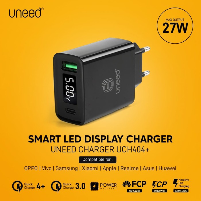 27W Charger UNEED QC 4.0 & PD จอแสดงผล Led 2 พอร์ต UCH404 + PLUS Fast CHARGING Quick Charge 3.0 18W 