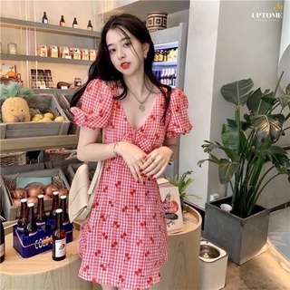 🇹🇭พร้อมส่ง🇹🇭 UP101 Red cherry dress มินิเดรสสุดน่ารัก ลายเชอรี่ งานซิปหลัง แขนตุ๊กตา ผูกโบว์ช่วงอก