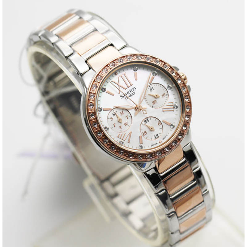 Win Watch shop นาฬิกา Casio Sheen รุ่น SHE3052SPG7A นาฬืกาผู้หญิงสีพิงค์โกลด์ สีเงิน ประดับคริสตัล S