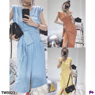 TwinsShopVip💗พร้อมส่ง TW5923 	เดรสจีบหน้า+สายผูกเอว Front pleated dress + waist tie