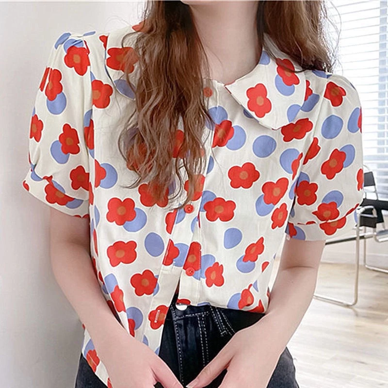 เสื้อเชิ้ตลายดอก คอปกโปโล ทรงหลวม แขนสั้น thumbnail 9
