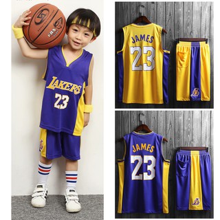 NBA Los Angeles Lakers เสื้อ แอลเอเลเกอร์  #23 James Basketball Jersey Set เด็ก Kids Tops+ Shorts Basketball Uniform