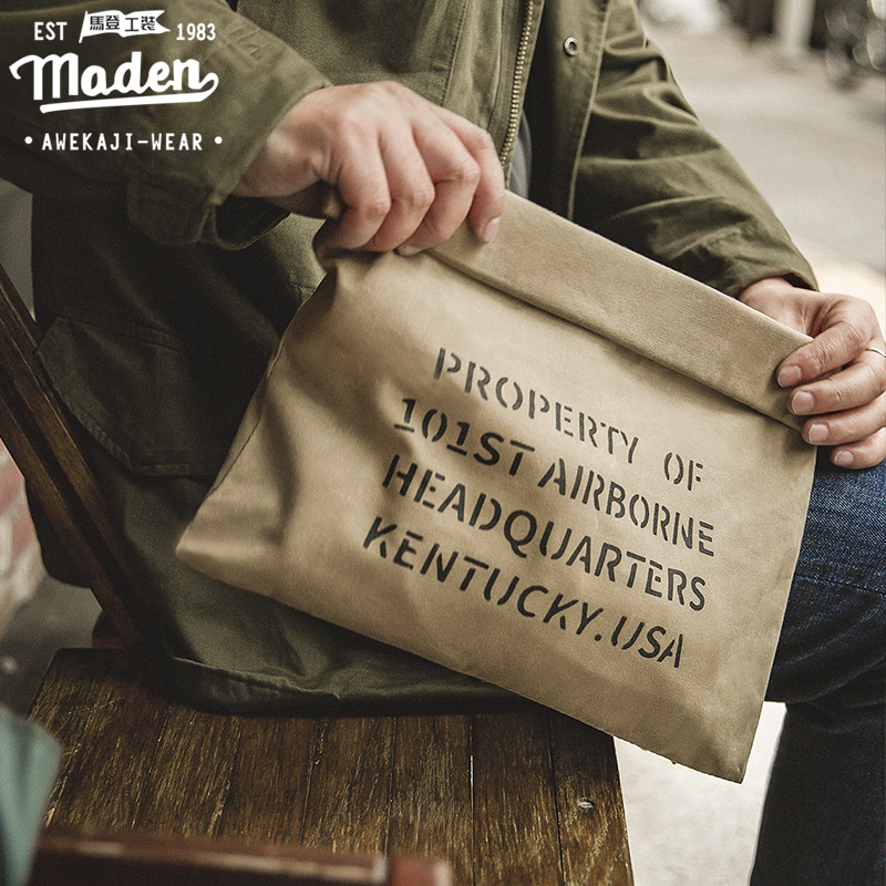 Maden brand men's gentleman simple handbag American retro military style oil wax canvas handbag khaki casual 8oz cotton handmade printing bag
