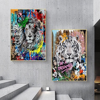 T Tiger, Lion, Graffiti โปสเตอร์ดิสนีย์ มิกกี้เมาส์ ภาพวาดตกแต่งผนัง ผ้าใบพิมพ์การ์ตูนสัตว์ ราชา ภาพวาดตกแต่ง