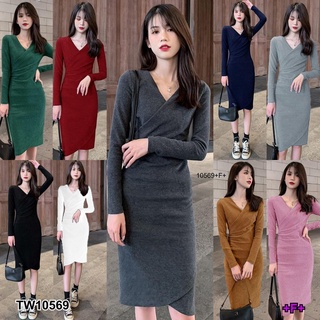 💚Sshop ส่งไว1-2วัน💚 S10569 เดรสคอวีไขว้แขนยาว V-neck crossover long sleevesV-neck crossover long sleevesV-neck