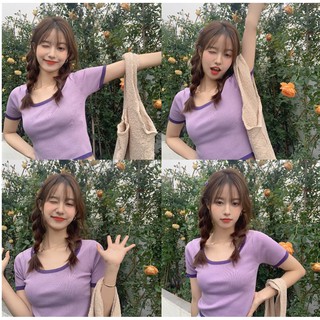 เสื้อครอปแต่งขอบสีโทนเข้ม งานสีพาทเทล
