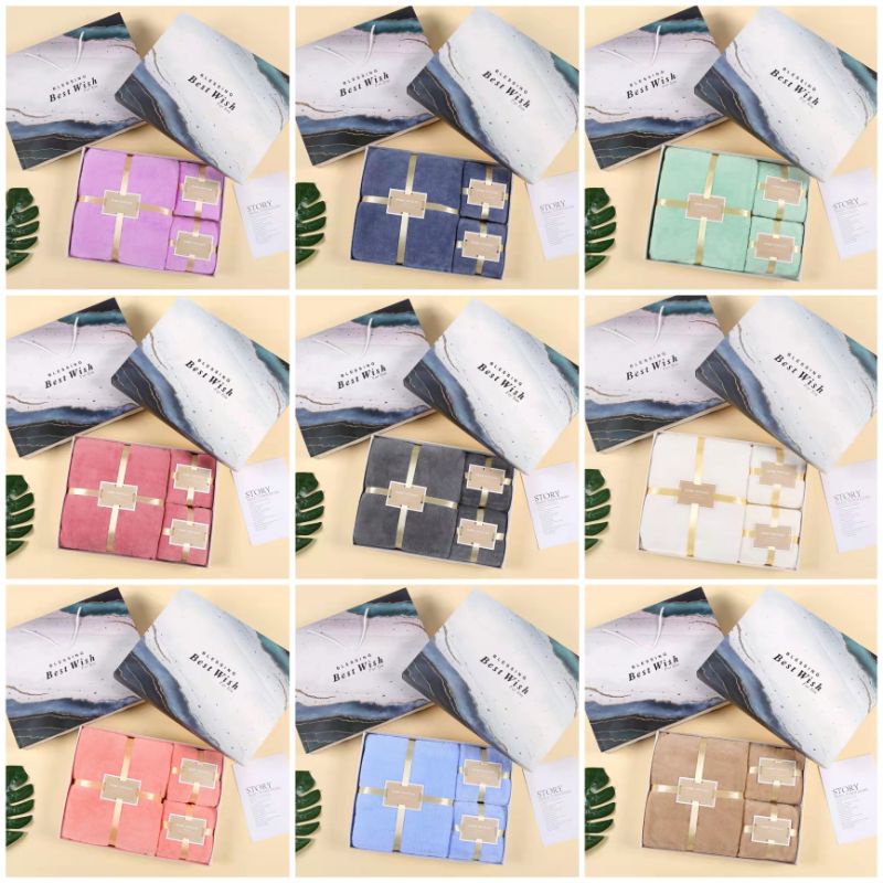 พร้อมส่ง 7 สี ผ้าขนหนู ผ้าเช็ดหน้า แบบ กล่อง 3 ชิ้น ราคาปกติ 199 บาท ผ้าเช็ดผม แบบเซ็ทครบชุด ของพรีเมี่ยม ของขวัญปีใหม่