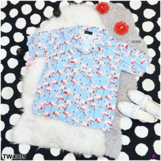 เสื้อเชิ้ตแขนสั้น ลายนก Flamingo เชิ้ตคอปก