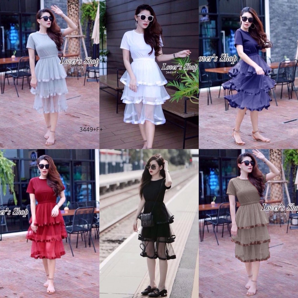 TwinsShopVip พร้อมส่ง TW3449 เดรส5ส่วนต่อระบายผ้าตะข่ายซีทรูกุ้นขอบริบบิ้น3ชั้น