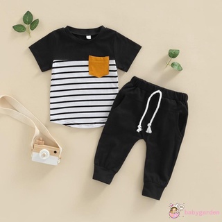 Babygarden- เสื้อยืดคอกลม แขนสั้น ลายทาง กางเกงขายาว สีพื้น แฟชั่นฤดูร้อน สําหรับเด็กผู้ชาย อายุ 6 เดือน - 4 ปี 2 ชิ้น