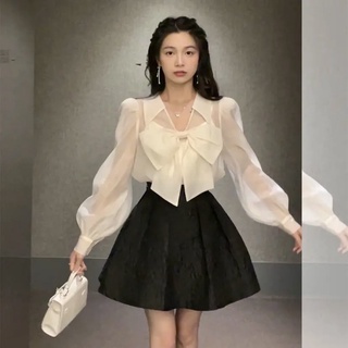 🔥Hot Sale / 22413Suit Women 2022 New French Sweet Princess V-Neck Bow Shirt Jacquard Puff Dress Suit