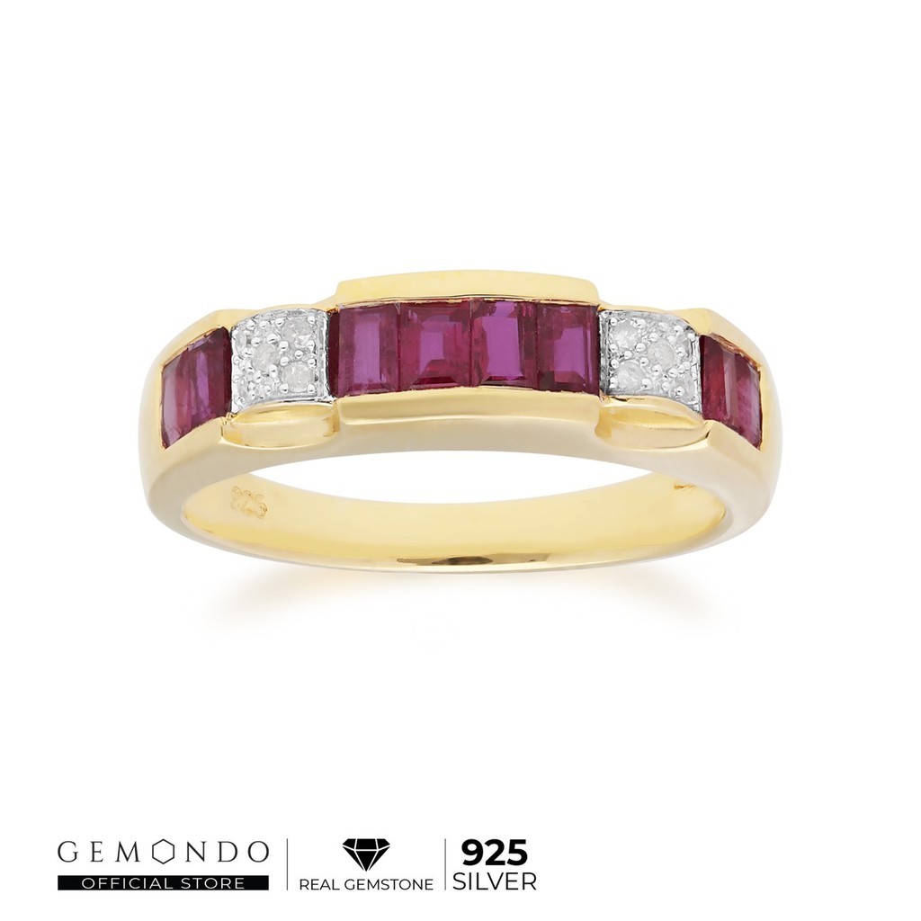 Gemondo แหวนเงินแท้ 925 ชุบทอง 18K ทับทิมสยาม และเพชร ดีไซน์คลาสสิต : แหวนพลอย แหวนทับทิม พลอยแท้ แหวนทอง