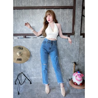 Cc jeans #084 S-5XL กางเกงยีนส์ผู้หญิง ทรงบอย เอวสูง ปลายขาตัดรุ่ย กางเกงผู้หญิง