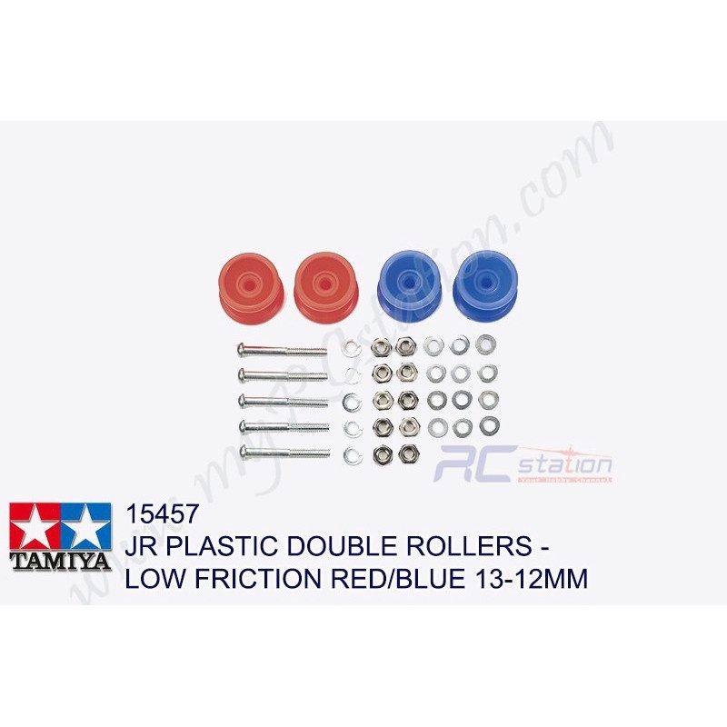 Tamiya 15457 - JR Plastic Double Rollers - Low Friction Red/Blue 13-12mm [15457]