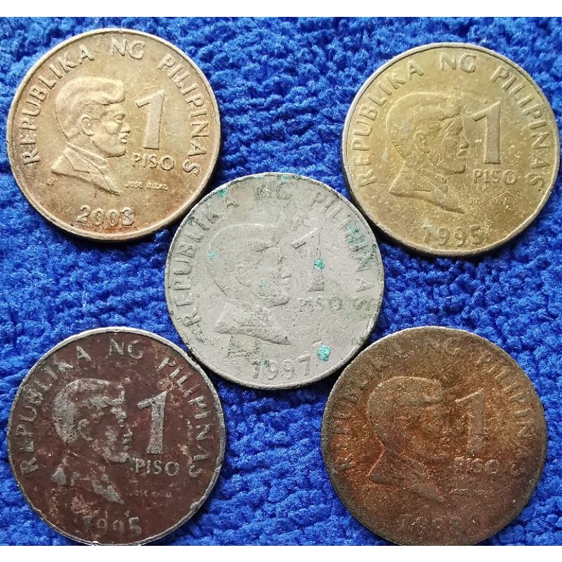 เหรียญ​ฟิลิปปินส์​ Philippines, 1 Piso​, รวม 5 เหรียญ​ 10 บาม, #672, ใช้แล้ว​ ไม่​สวย