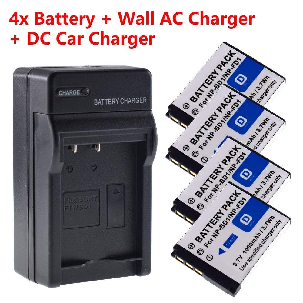 4 Battery + Home&Car Charger for Sony NP-BD1 FD1 Type D CyberShot DSC-T77 T90 T900 TX1 G3