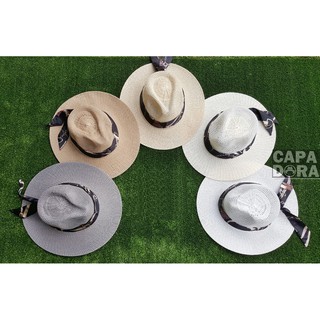 (5สี) หมวกปานามา สานขนาดปีก 8cm สายคาดลายสีดำ, B straw panama hat size 8cm