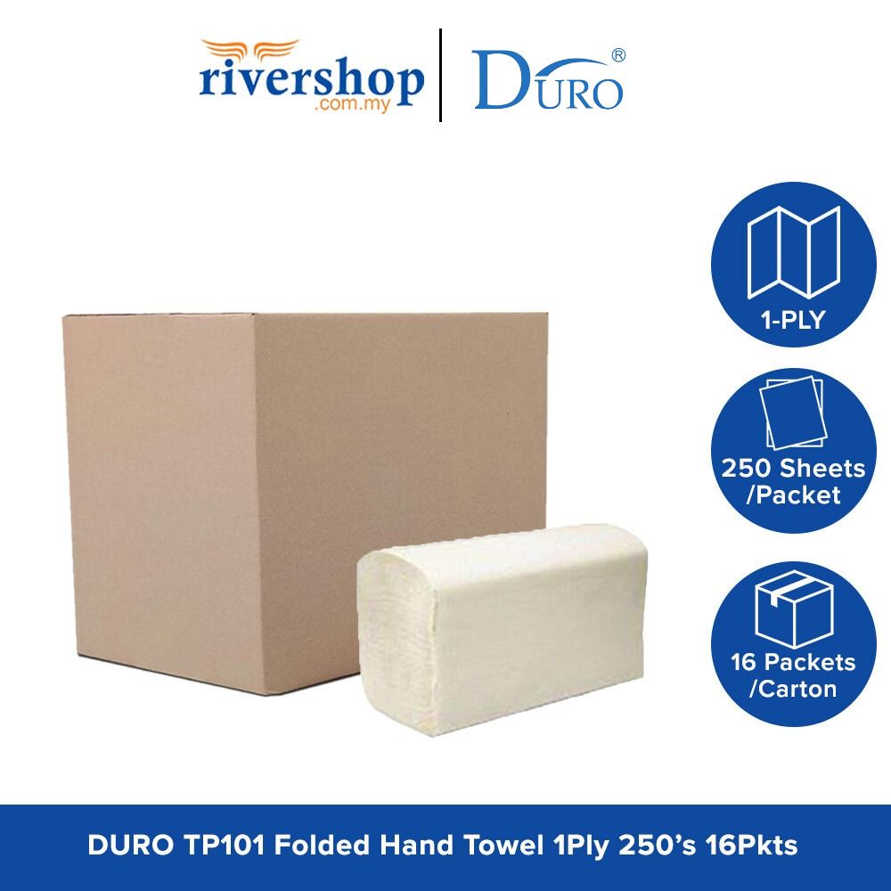 DURO ผ้าเช็ดมือแบบพับได้ TP101 M ผ้าขนหนูกระดาษพับ Tisu Tuala Tangan - 1ply, 16pkts x 1 กล่อง