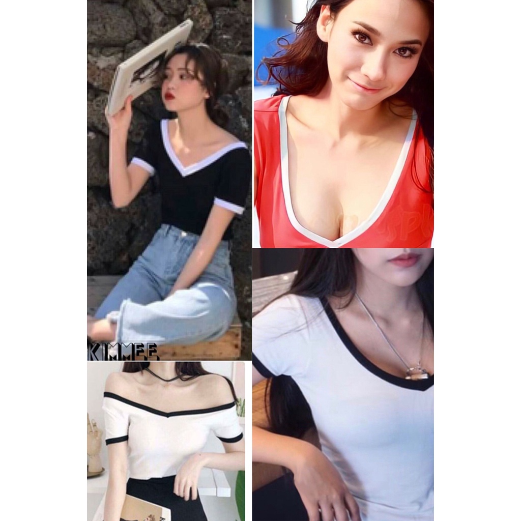 nidnoomstudio เสื้อยืดคอวีหน้าวีหลัง แต่งกุ๊นขอบสีตัดตัวเสื้อ สวยแซ่บสไตลเกาหลีอินเทรนไม่ซ้ำใคร (V25)