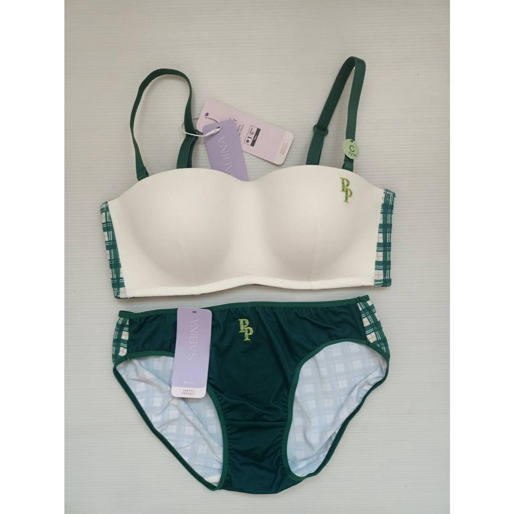 Sabina เซตชุดชั้นใน Invisible Wire (ไม่มีโครง) รุ่น Pretty Perfect สีครีม / สีเขียว Size 32B+กกน.M, 