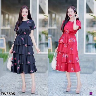 MF8595🍓 Dress ชุดเดรสขนมชั้น ระบายงานใหม่ล่าสุด งานผ้าหางกระรอก เนื้อผ้าใส่สบายสุดๆ พิมพ์ทับด้วยลายดอกไม้ สีสันสดใส