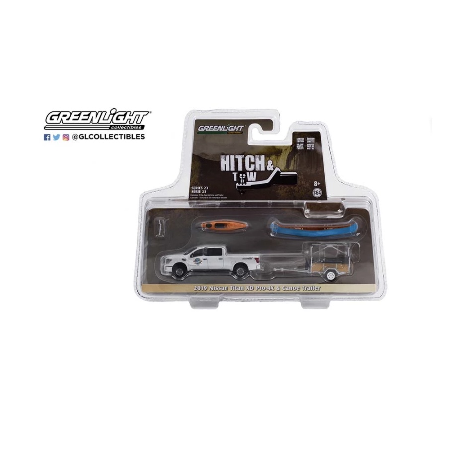 Greenlight 1/64 Hitch & Tow Series 23 - 2019 Nissan Titan XD Pro-4X & Canoe Trailer 32230-A