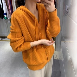 เสื้อไหมพรมมีฮู้ดสีพื้นเสื้อแขนยาวกันหนาวเสื้อแฟชั่นผู้หญิงสไตล์เกาหลีใส่สบาย