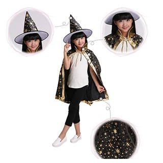 ผ้าคลุมฮาโลวีน เด็ก ผ้าคลุมแฟนซี พิมพ์ทอง ลายดาว พร้อมหมวก Halloween Cloak 80 ซ.ม มี 3สี ดำ แดง ม่วง จัดส่ง Kerry