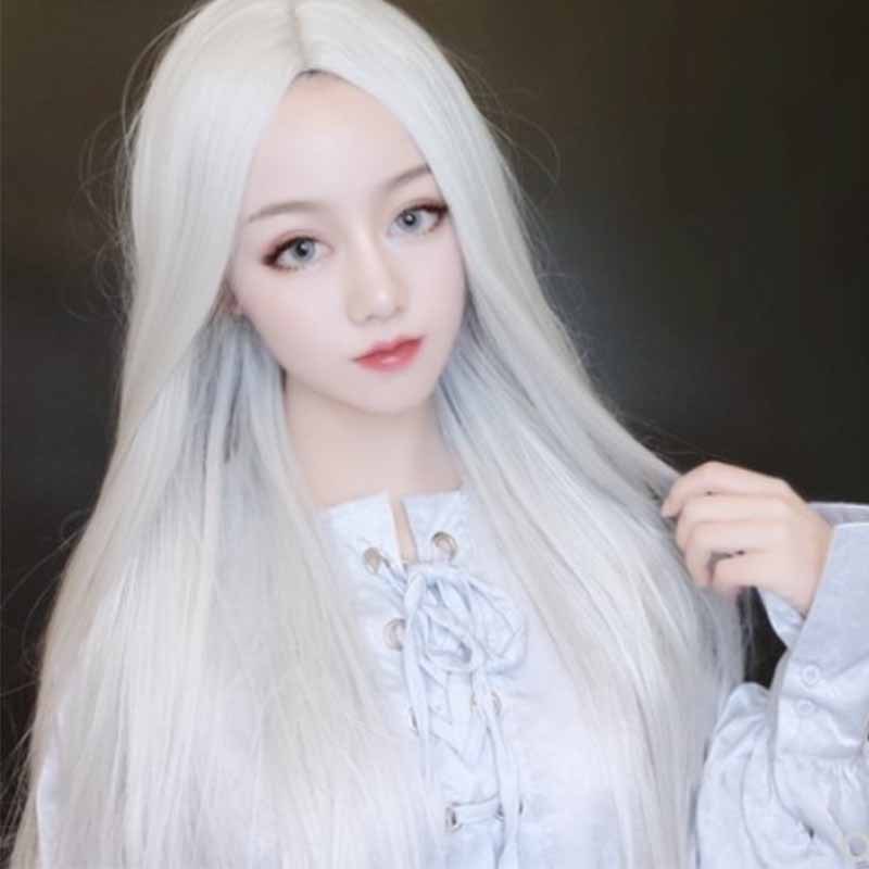 Silver White Medium Long Straight Hair Set For Men And Women To