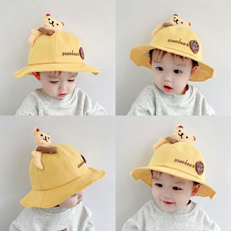 [พร้อมส่ง] หมวกเด็ก 10เดือน-4ปี รอบหัว:50-52 cm. หมวกบักเก็ต ติดตุ๊กตาหมี มีสายยางยืดคล้องใต้คาง