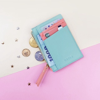 "Mint Blue &amp; Coral Trim" Vavia Zipped Card Purse หนังวัวแท้ มี 8 ช่องใส่บัตร และ 1 ช่องซิป