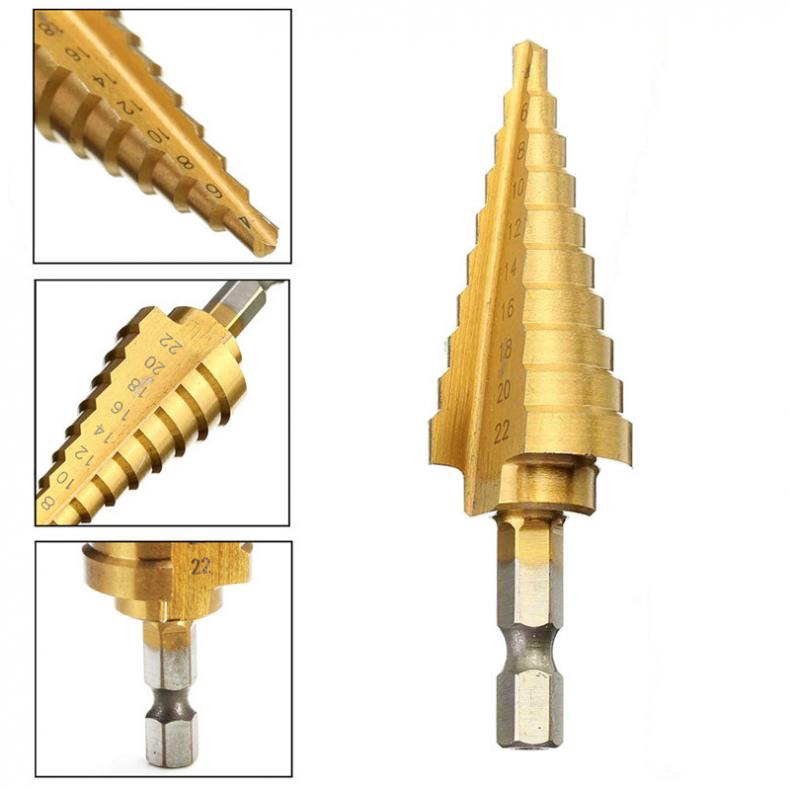 4-22 มม.HSS 4241 Hex Titanium Step Cone เจาะ Bit Hole เครื่องตัดสําหรับแผ่นโลหะ