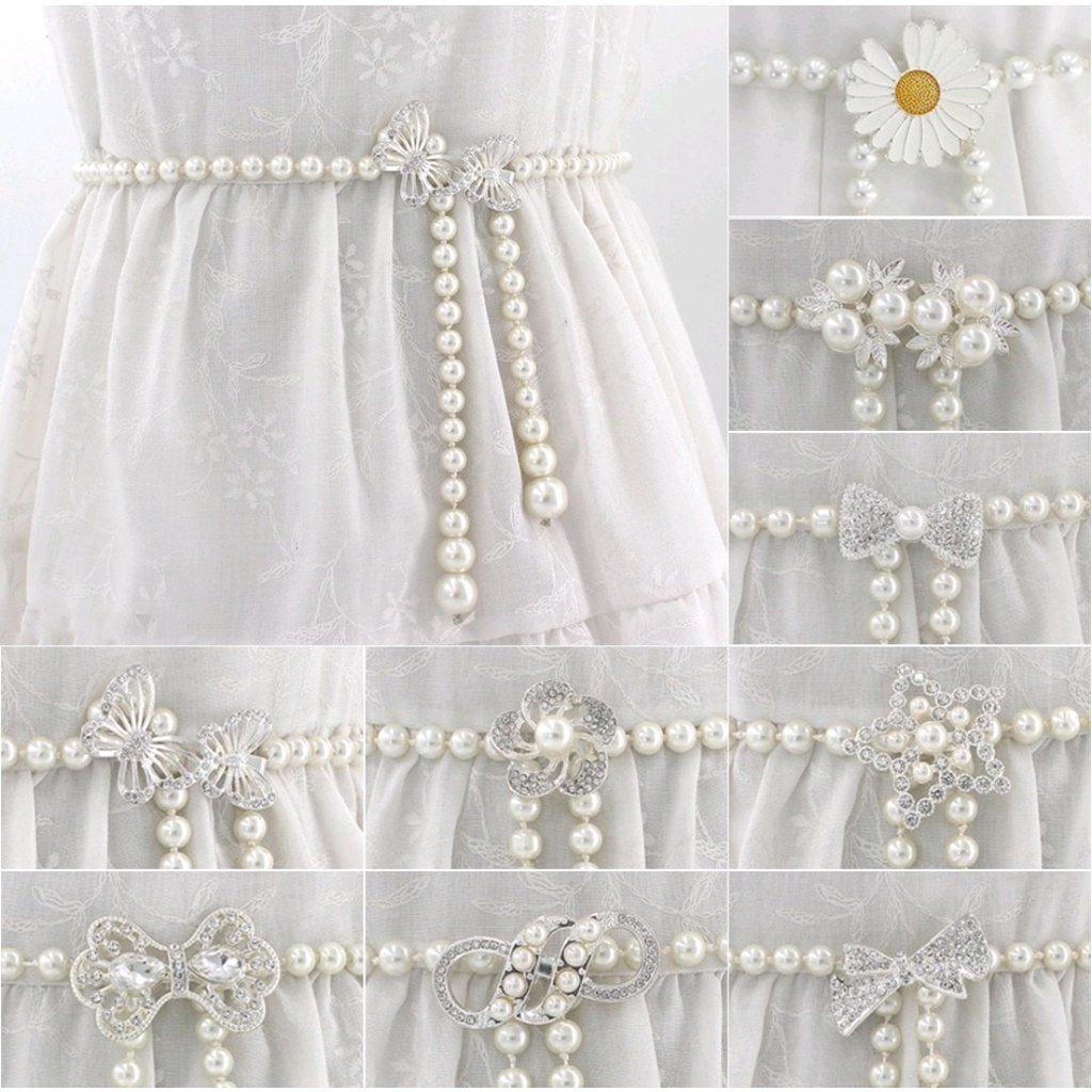 Fashion Jewele ผู้หญิงหรูหราหวานโบว์มุกเข็มขัดเอวโซ่ยืดหยุ่นหัวเข็มขัดมุกหญิงเข็มขัด
