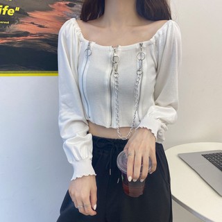 Women  Sexy Crop Top Slim Zipper Shirt  Short Tops เสื้อปาดไหล่