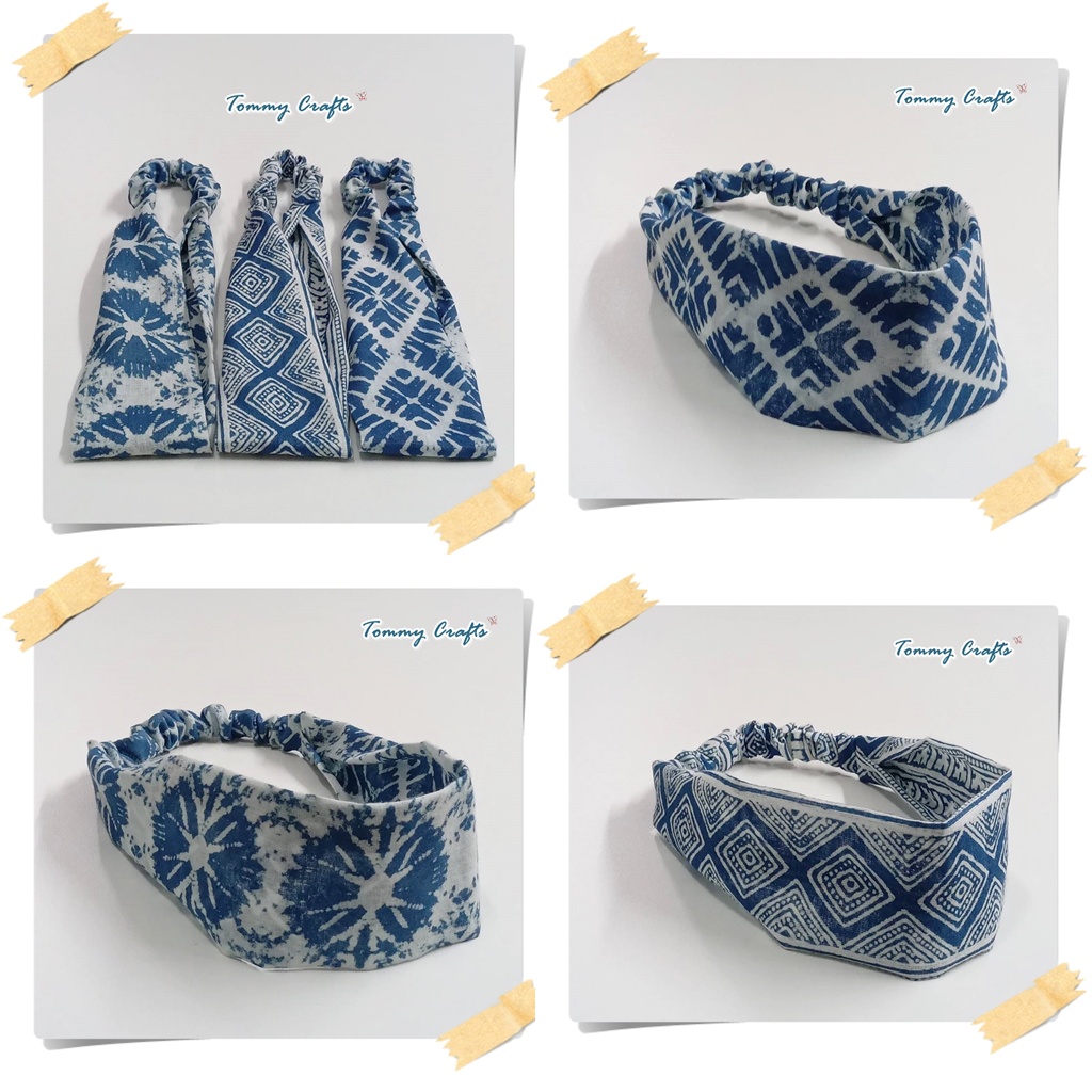 ผ้าคาดผมแบบเรียบ ผ้าฝ้ายสาลูชั้นเดียว ย้อมครามกัดลาย ผ้าคาดผมวินเทจ ที่คาดผม แฮนด์เมด  Indigo Cotton